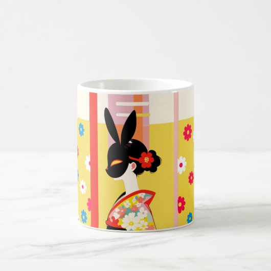 Japanese Rabbit Mask – Retro Floral Mug コーヒーマグカップ (中央)