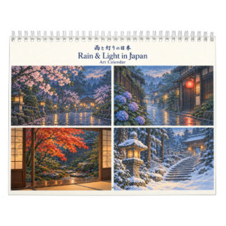 Japanese Rain & Lantern Light Woodblock Style Art カレンダー