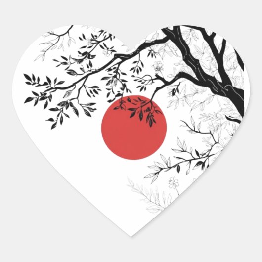 Japanese Red Sun & Brush Tree Art ハートシール (正面)