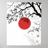 Japanese Red Sun & Brush Tree Art ポスター (正面)