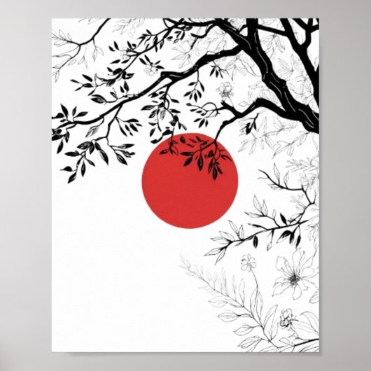 Japanese Red Sun & Brush Tree Art ポスター (正面)