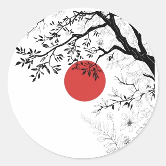 Japanese Red Sun & Brush Tree Art ラウンドシール (正面)