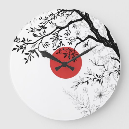 Japanese Red Sun & Brush Tree Art ラージ壁時計 (正面)