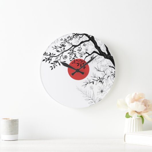 Japanese Red Sun & Brush Tree Art ラージ壁時計 (ホーム)