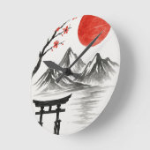 Japanese Red Sun Mountain Landscape Accent Mug ラウンド壁時計 (傾斜)