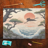 Japanese Rocky Coast Sunset Landscape and Egret 薄葉紙
