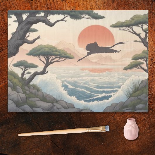 Japanese Rocky Coast Sunset Landscape and Egret 薄葉紙
