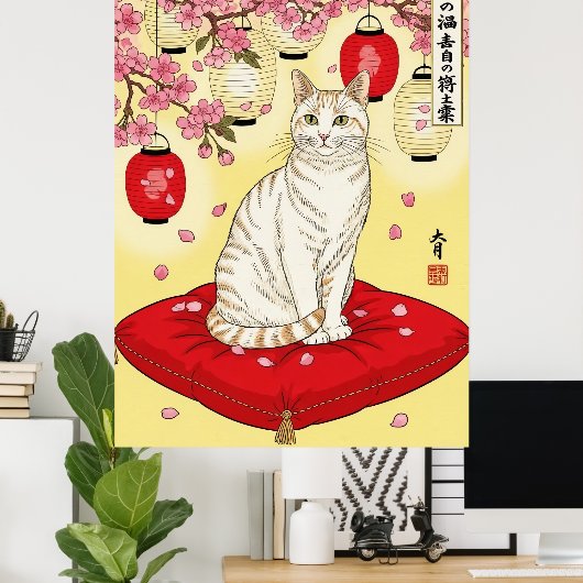Japanese Sakura Cat Art Red Cushion Lanterns ポスター (ホームオフィス)