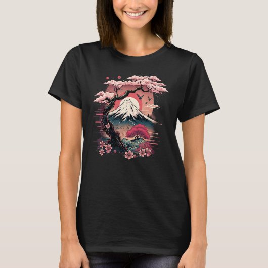 Japanese Sakura Garden Geisha Mount Fuji Cherry Bl Tシャツ (正面)