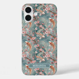 Japanese Sakura Koi Fish Pattern Monogrammed iPhone 16 Plusケース