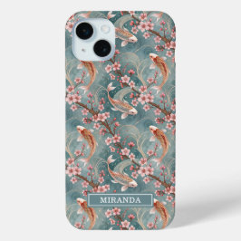 Japanese Sakura Koi Fish Pattern Monogrammed iPhone 15 Miniケース