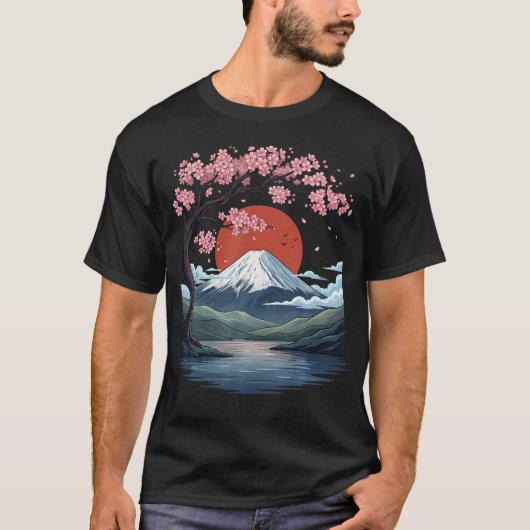 Japanese Sakura Mount Fuji Landscape Vintage Tシャツ (正面)