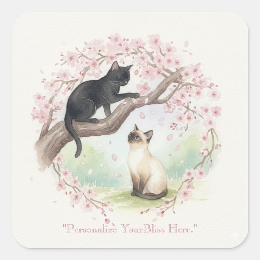 Japanese Sakura & Zen Cats Watercolor  スクエアシール (正面)