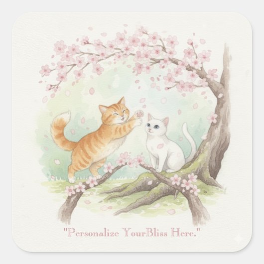 Japanese Sakura & Zen Cats Watercolor  スクエアシール (正面)