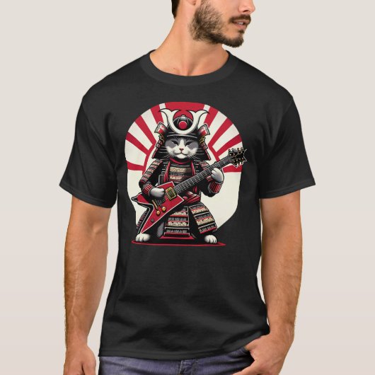 Japanese Samurai Cat Playing Electric Guitar Playe Tシャツ (正面)