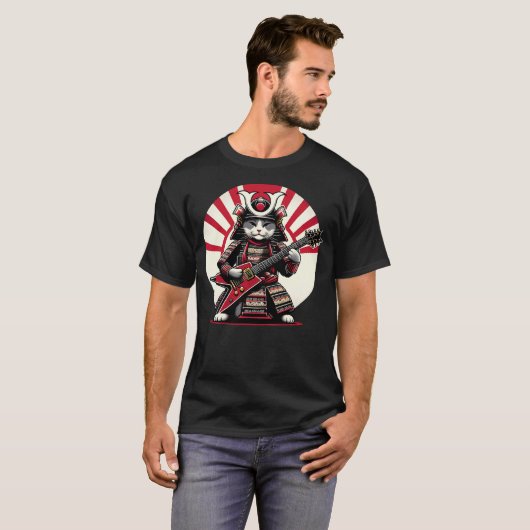 Japanese Samurai Cat Playing Electric Guitar Playe Tシャツ (正面フル)