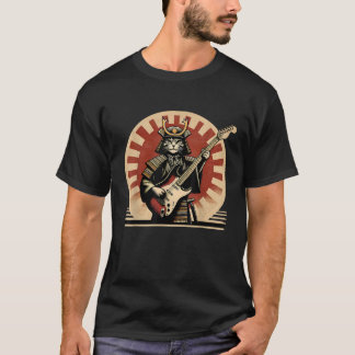 Japanese Samurai Cat Playing Electric Guitar Retro Tシャツ