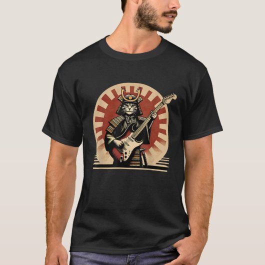 Japanese Samurai Cat Playing Electric Guitar Retro Tシャツ (正面)