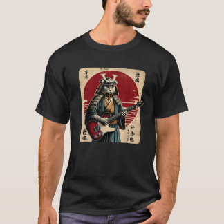 Japanese Samurai Cat Playing Electric Guitar Retro Tシャツ