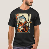 Japanese Samurai Cat Playing The Electric Guitar Tシャツ (正面)