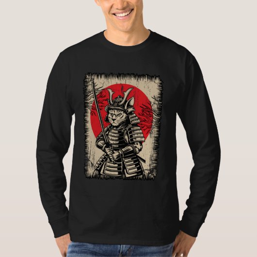 Japanese Samurai Cat Warrior Kawaii Ninja Ukiyo-e  Tシャツ (正面)