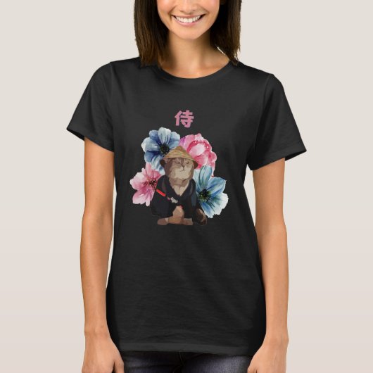 Japanese Samurai Cat Watercolor Flowers Tシャツ (正面)