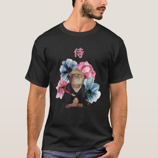 Japanese Samurai Cat Watercolor Flowers Tシャツ (正面)