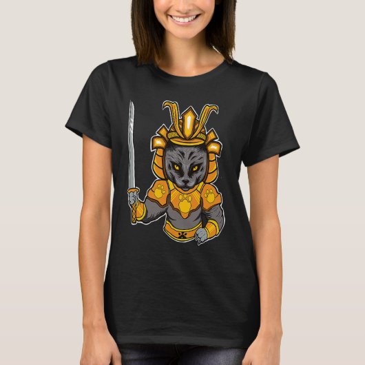 Japanese Samurai Katana Ninja Cat Sword Feline Oyo Tシャツ (正面)
