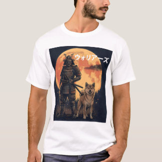 Japanese Samurai Warrior and Shiba Inu Dog Full Mo Tシャツ
