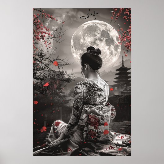 Japanese samurai woman with tattoo under full moon ポスター (正面)