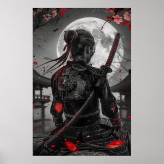 Japanese samurai woman with tattoo under full moon ポスター