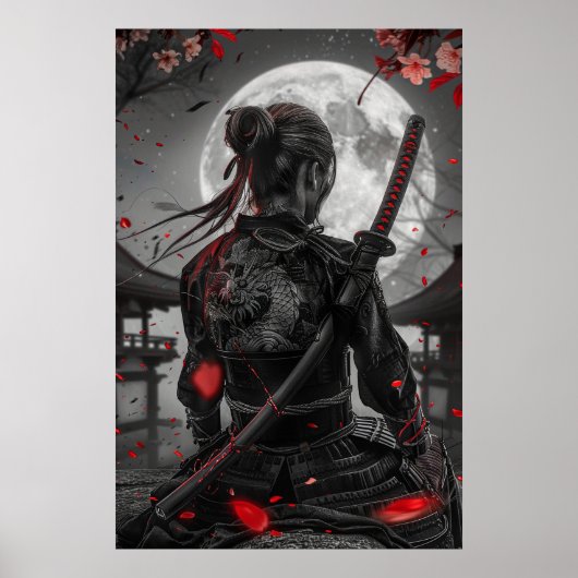 Japanese samurai woman with tattoo under full moon ポスター (正面)