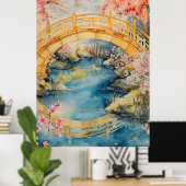 Japanese-style arched bridge spans a tranquil rive ポスター (ホームオフィス)