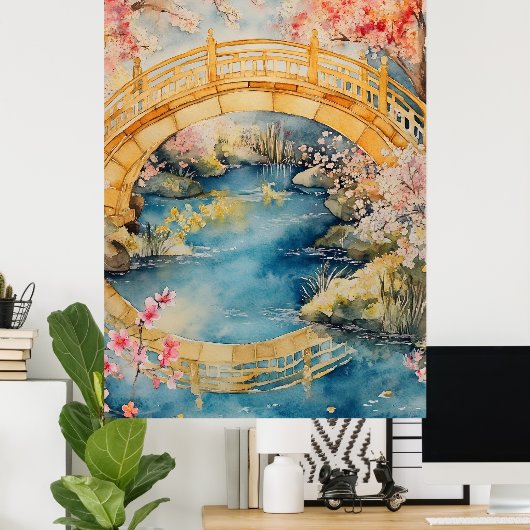 Japanese-style arched bridge spans a tranquil rive ポスター (ホームオフィス)