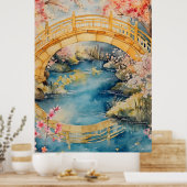Japanese-style arched bridge spans a tranquil rive ポスター (キッチン)