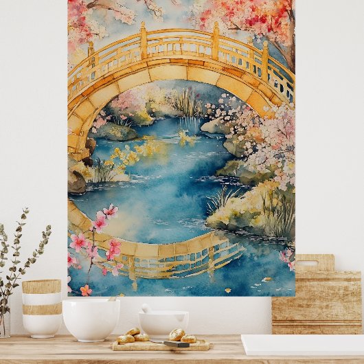 Japanese-style arched bridge spans a tranquil rive ポスター (キッチン)