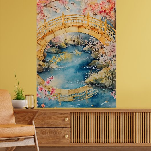Japanese-style arched bridge spans a tranquil rive ポスター (リビング2)