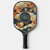 Japanese Style Retro Teal Floral n Clouds Initial ピックルボールラケット (正面)