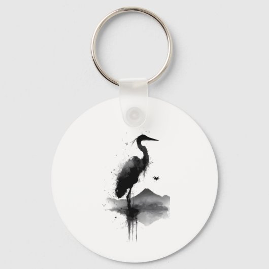 Japanese Sumi-e Crane Zen Keychain キーホルダー (正面)