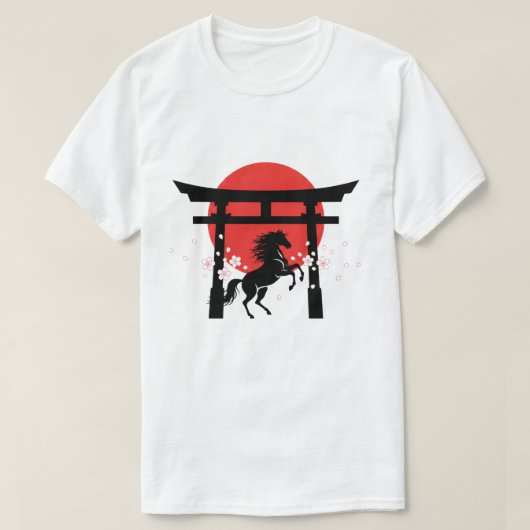 Japanese Sunrise Torii & Horse Silhouette Art Tシャツ (デザイン正面)