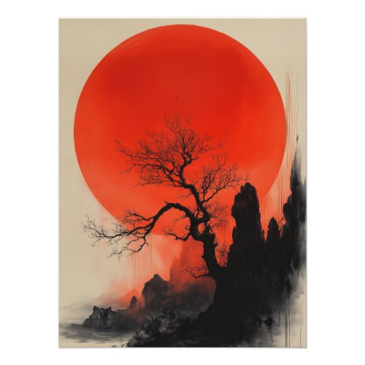 Japanese Sunrise | Zen Landscape with Red Sun ポスター (正面)