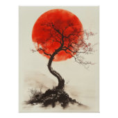 Japanese Sunset Tree - Red Sun Silhouette Art ポスター (正面)
