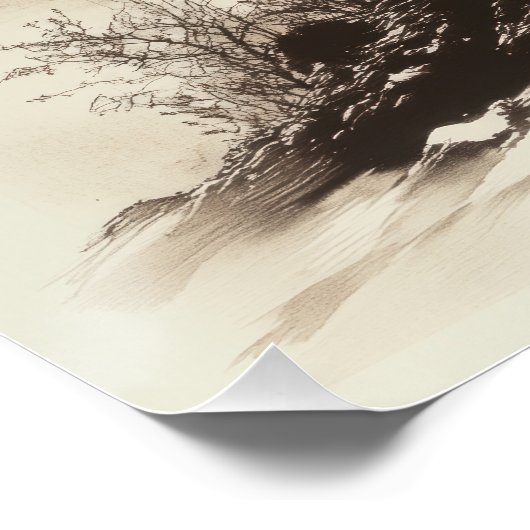 Japanese Sunset Tree - Red Sun Silhouette Art ポスター (コーナー)