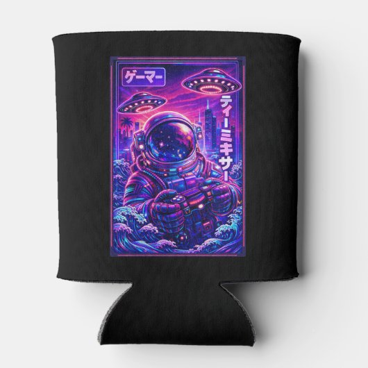 Japanese Synthwave Sci Fi UFO Astronaut Cool Gamer 缶クーラー (裏面)
