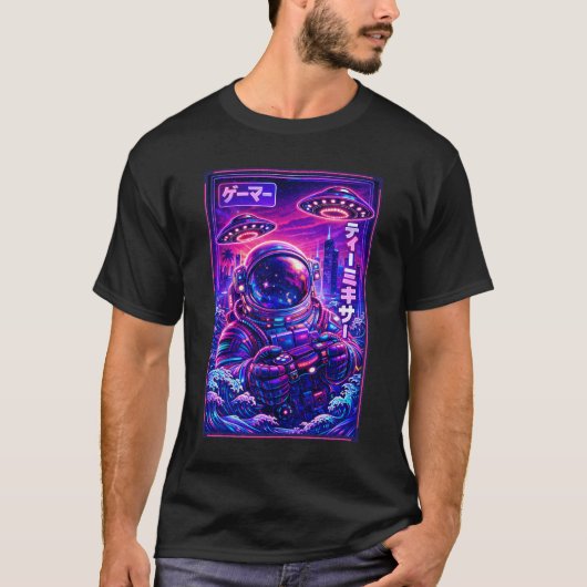 Japanese Synthwave Sci Fi UFO Astronaut Cool Gamer Tシャツ (正面)