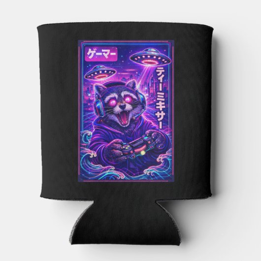 Japanese Synthwave Sci Fi UFO Raccoon Cool Gamer 缶クーラー (裏面)