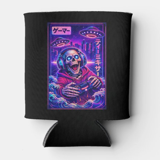 Japanese Synthwave Sci Fi UFO Skeleton Cool Gamer 缶クーラー (正面)