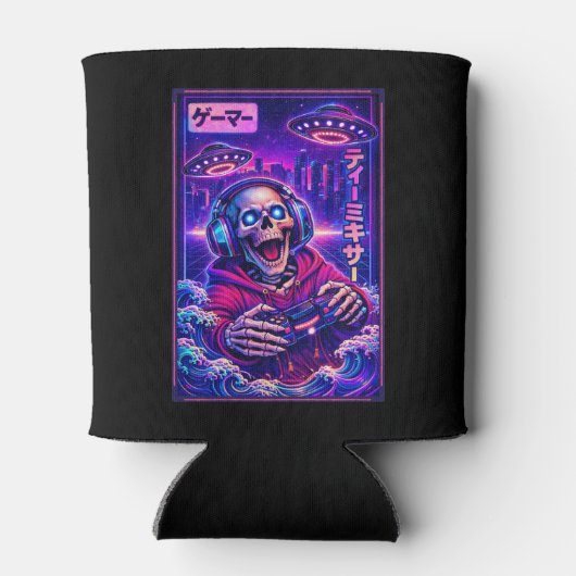 Japanese Synthwave Sci Fi UFO Skeleton Cool Gamer 缶クーラー (裏面)