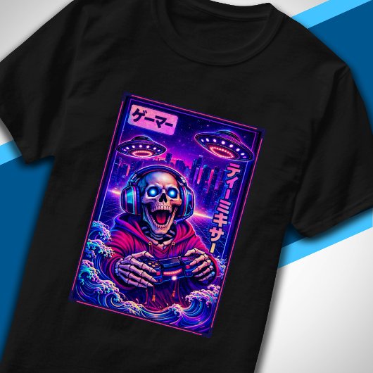 Japanese Synthwave Sci Fi UFO Skeleton Cool Gamer Tシャツ