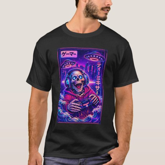 Japanese Synthwave Sci Fi UFO Skeleton Cool Gamer Tシャツ (正面)